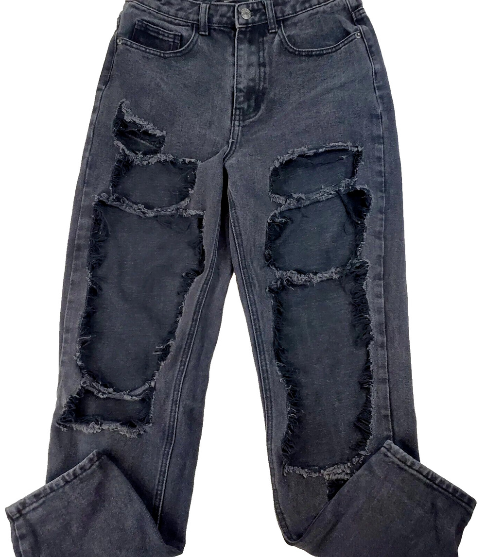 Pretty Little Thing Mom Jeans Women's 4 Black Denim Distressed 5-Pocket Pants